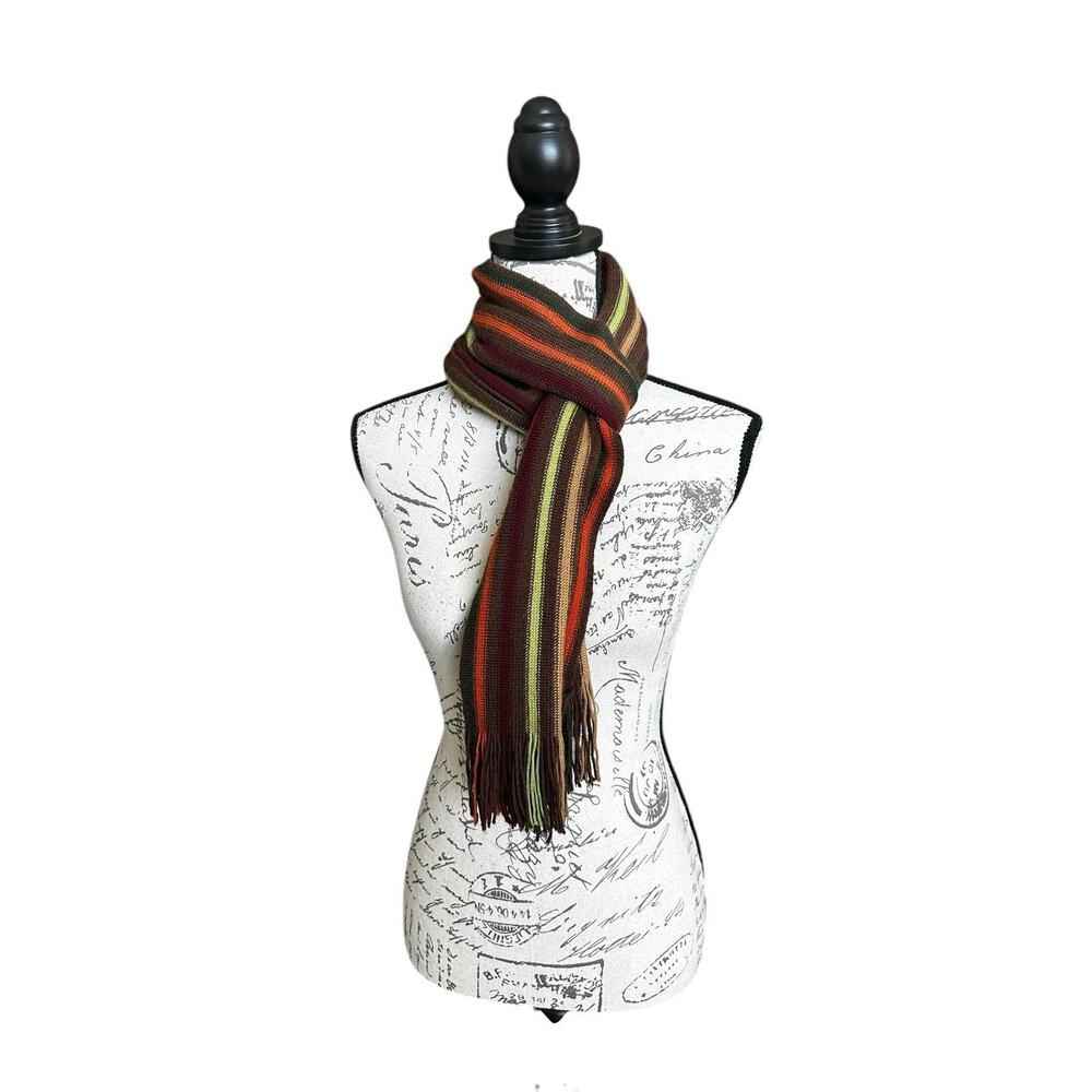 Wool Blend Stripe Scarf Fall Colors Brown Green Maroon Orange Fringe